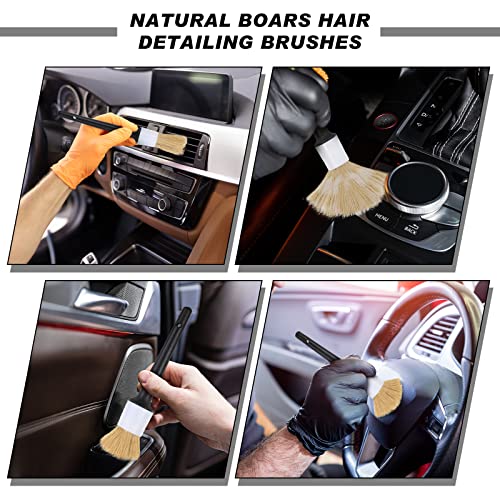 Zubebe 5 Pieces Boars Hair Soft Car Detailing Brush Set Automotive Detail Brush Car Brushes for Detailing Cleaning Emblems Wheels Interior Exterior Engine Upholstery Air Vents