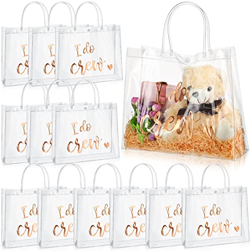 Sabary 12 Bridesmaid Gift bags I Do Crew Bachelorette Bags Plastic Clear Gift Bags with Handles for Wedding Party Favor Team Bride Shower Gift Bag (Crew, 11.8 x 9.8 x 3.9 Inch)