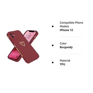 Teageo Compatible with iPhone 12 Case 6.1 inch for Women Girls, Cute Luxury Love Heart [Soft Anti-Scratch Full Camera Lens Protection] Silicone Girly Shockproof Phone Case for iPhone 12-Burgundy