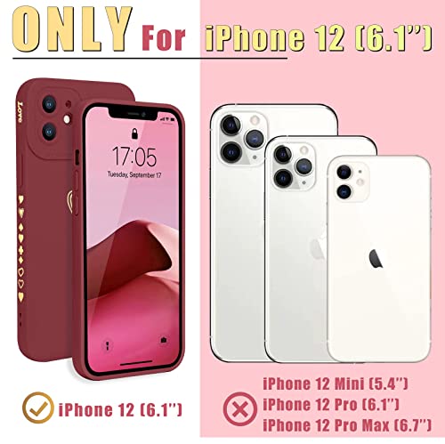 Teageo Compatible with iPhone 12 Case 6.1 inch for Women Girls, Cute Luxury Love Heart [Soft Anti-Scratch Full Camera Lens Protection] Silicone Girly Shockproof Phone Case for iPhone 12-Burgundy