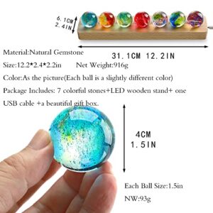 KRISININE 7 Chakra Natural Healing Spheres with LED Wooden Stand 40mm Crystal Quartz Stones for Meditation Positive Energy Night Light Decoration Balls Set for Home Gift Boxed USB