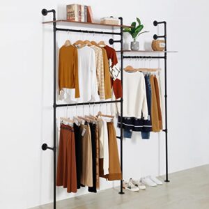 EDCB Industrial Pipe Clothing Rack with 2 Shelves, Clothes Rack Wall Mounted Heavy Duty Hanging Rack Clothing Store Display Stands Garment Rack Closet System(Black, 96.5x80.7inch)