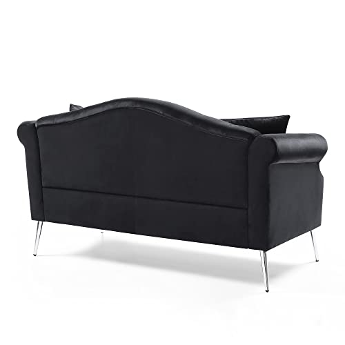 Holaki Chesterfield Velvet Sofa,59.4" Modern Upholstered Classic Button Tufted Nailhead Trimming Loveseat with Rolled Arms,Silver Metal Legs&2 Pillows,Comfortable Velvet Couches for Living Room(Black)