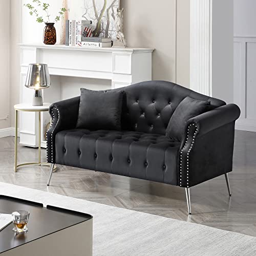 Holaki Chesterfield Velvet Sofa,59.4" Modern Upholstered Classic Button Tufted Nailhead Trimming Loveseat with Rolled Arms,Silver Metal Legs&2 Pillows,Comfortable Velvet Couches for Living Room(Black)