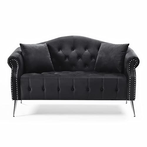 Holaki Chesterfield Velvet Sofa,59.4" Modern Upholstered Classic Button Tufted Nailhead Trimming Loveseat with Rolled Arms,Silver Metal Legs&2 Pillows,Comfortable Velvet Couches for Living Room(Black)