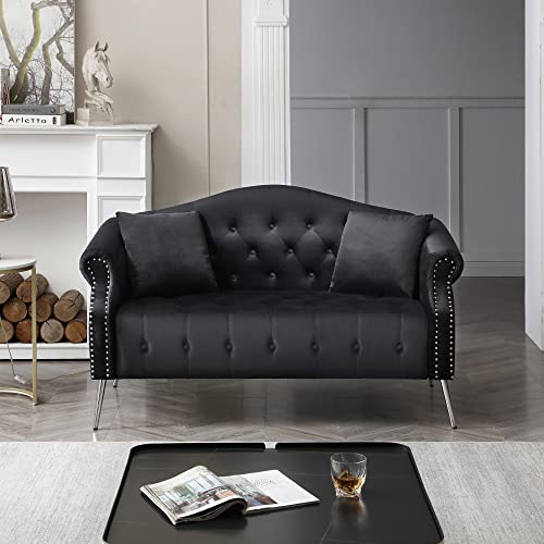 Holaki Chesterfield Velvet Sofa,59.4" Modern Upholstered Classic Button Tufted Nailhead Trimming Loveseat with Rolled Arms,Silver Metal Legs&2 Pillows,Comfortable Velvet Couches for Living Room(Black)