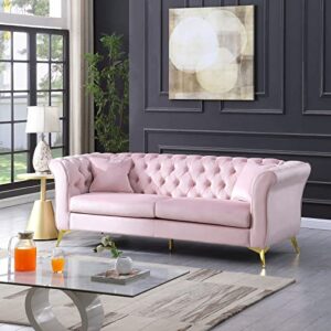 turridu 3 seater sofa with 2 pillows, 87" wide upholstered velvet couch with curved arms, gold metal legs, button tufted chesterfield sofa for living room bedroom office, hold up to 1000 pound, pink