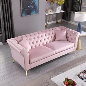 TURRIDU 3 Seater Sofa with 2 Pillows, 87" Wide Upholstered Velvet Couch with Curved Arms, Gold Metal Legs, Button Tufted Chesterfield Sofa for Living Room Bedroom Office, Hold up to 1000 Pound, Pink