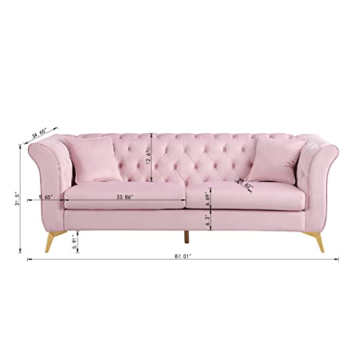 TURRIDU 3 Seater Sofa with 2 Pillows, 87" Wide Upholstered Velvet Couch with Curved Arms, Gold Metal Legs, Button Tufted Chesterfield Sofa for Living Room Bedroom Office, Hold up to 1000 Pound, Pink