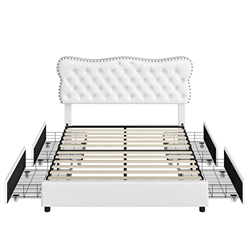 HOSTACK Bed Frame with 4 Storage Drawers, Upholstered Platform Bed Frame with Button Tufted Headboard, Heavy Duty Mattress Foundation with Wooden Slats, No Box Spring Needed (White, Queen)