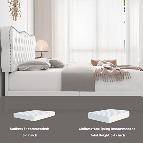 HOSTACK Bed Frame with 4 Storage Drawers, Upholstered Platform Bed Frame with Button Tufted Headboard, Heavy Duty Mattress Foundation with Wooden Slats, No Box Spring Needed (White, Queen)