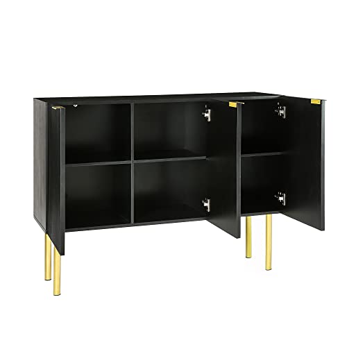 Modern Simple Sideboard with Particle Board and MDF Board, Adjustable Shelves Luxury Style Cabinet with Gold Metal Legs and Handles for Hallway (Black)