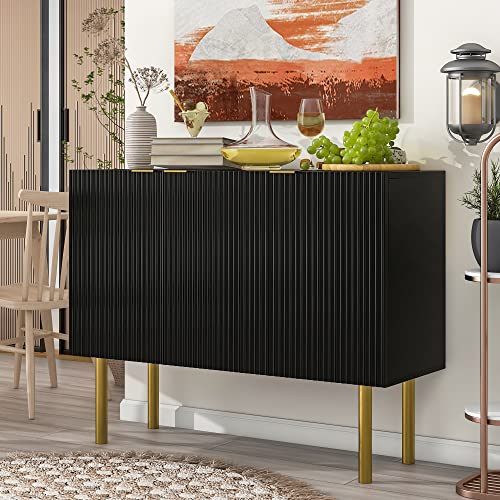 Modern Simple Sideboard with Particle Board and MDF Board, Adjustable Shelves Luxury Style Cabinet with Gold Metal Legs and Handles for Hallway (Black)