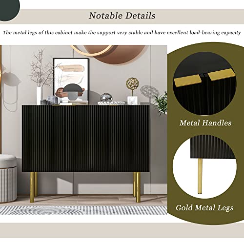 Modern Simple Sideboard with Particle Board and MDF Board, Adjustable Shelves Luxury Style Cabinet with Gold Metal Legs and Handles for Hallway (Black)