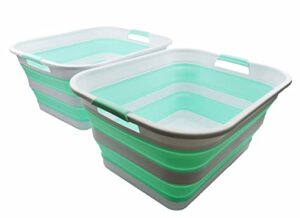 sammart 42l collapsible plastic laundry basket - foldable pop up storage container / organizer - portable washing tub - space saving hamper / basket (white/light green (set of 2))