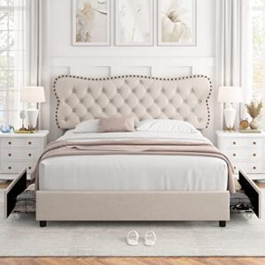 hostack queen bed frame with 4 storage drawers, upholstered platform frame with button tufted headboard, heavy duty mattress foundation with wooden slats, no box spring needed (beige)