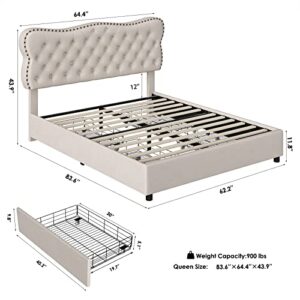 HOSTACK Queen Bed Frame with 4 Storage Drawers, Upholstered Platform Frame with Button Tufted Headboard, Heavy Duty Mattress Foundation with Wooden Slats, No Box Spring Needed (Beige)