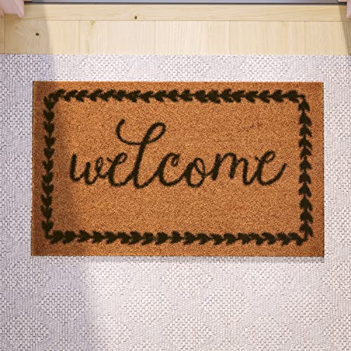 Flash Furniture Harbold Indoor/Outdoor Coir Doormat - Natural Background with Black Welcome Message - 18" x 30" - Non-Slip Backing