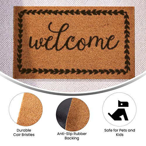 Flash Furniture Harbold Indoor/Outdoor Coir Doormat - Natural Background with Black Welcome Message - 18" x 30" - Non-Slip Backing