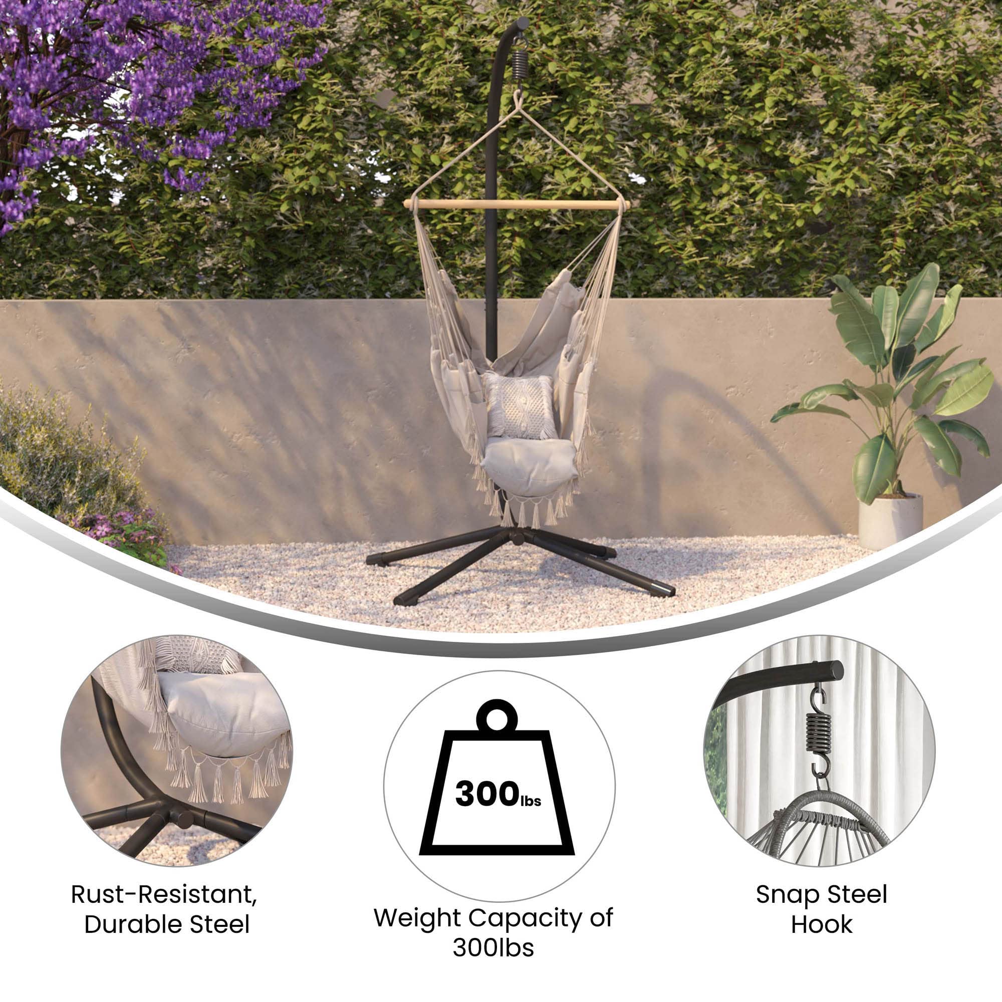 Flash Furniture Harvo Commercial All-Weather Hanging Hammock Chair C-Stand - Black Heavy Duty Steel Offset Base - Included Hardware - 360 Degree Rotation