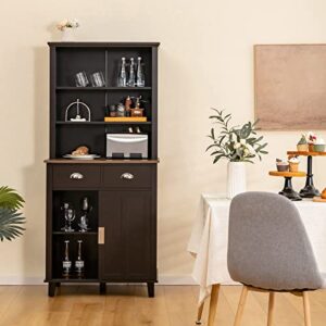 Giantex Buffet Hutch Storage Cabinet, Kitchen Pantry with 2 Drawers, Sideboard with Sliding Door, 2 Tier Shelves, Microwave Countertop, Anti-Toppling, Wood Farmhouse Cupboard for Utensil (Brown)