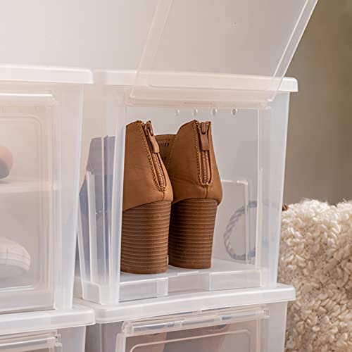 IRIS USA, Inc. Tall Stackable Shoe Storage Box with Flip Up Door and Air Vents, 4-Pack, Sturdy Shoe Organizer Container with Removable Dividers for Closet Under Bed and Entryway Storage, Clear