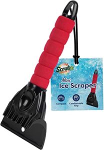scrubit ice scraper for car windshield, foam gripped snow scraper for car suvs and small trucks, strong teethed scraper for ice and snow, compact ice crusher