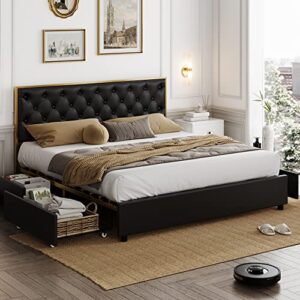 hifit queen bed frame with 4 storage drawers, faux leather queen platform bed frame with button tufted headboard, heavy duty mattress foundation with wooden slats, no box spring needed, golden & black