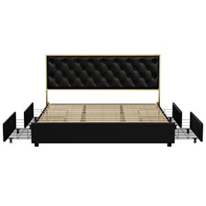 HIFIT Queen Bed Frame with 4 Storage Drawers, Faux Leather Queen Platform Bed Frame with Button Tufted Headboard, Heavy Duty Mattress Foundation with Wooden Slats, No Box Spring Needed, Golden & Black