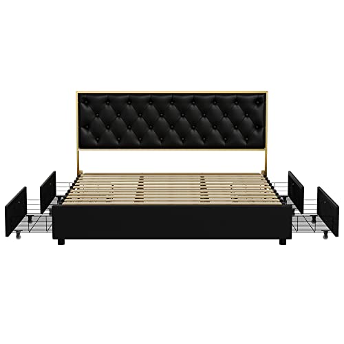 HIFIT Queen Bed Frame with 4 Storage Drawers, Faux Leather Queen Platform Bed Frame with Button Tufted Headboard, Heavy Duty Mattress Foundation with Wooden Slats, No Box Spring Needed, Golden & Black