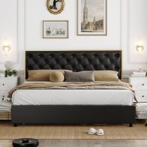 HIFIT Queen Bed Frame with 4 Storage Drawers, Faux Leather Queen Platform Bed Frame with Button Tufted Headboard, Heavy Duty Mattress Foundation with Wooden Slats, No Box Spring Needed, Golden & Black
