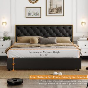 HIFIT Queen Bed Frame with 4 Storage Drawers, Faux Leather Queen Platform Bed Frame with Button Tufted Headboard, Heavy Duty Mattress Foundation with Wooden Slats, No Box Spring Needed, Golden & Black