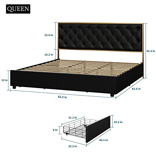 HIFIT Queen Bed Frame with 4 Storage Drawers, Faux Leather Queen Platform Bed Frame with Button Tufted Headboard, Heavy Duty Mattress Foundation with Wooden Slats, No Box Spring Needed, Golden & Black