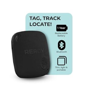 ready supplies - mini luggage tracker, slim key tracker and item locator, compact bluetooth tags, close proximity tracking up to 270 ft, replaceable battery, 1 pack, black