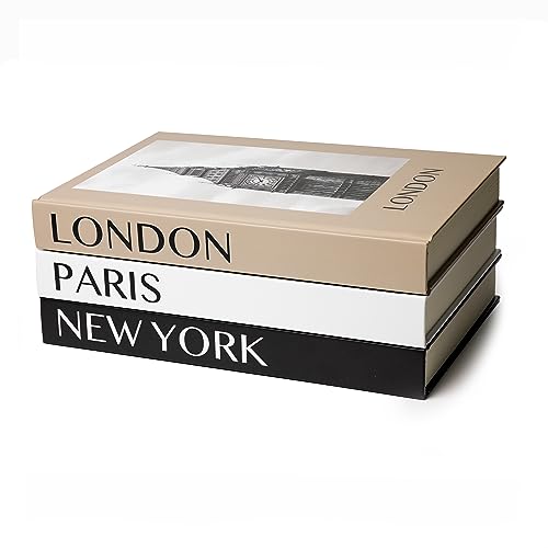 3 Piece Modern Stylish Decorative Book Stack, Blank Fashion Design Book Set of 3, Display Books for Coffee Tables/Shelves, desks, Blank Pages for Notes, Sketches, Diary(Paris/New York/London)