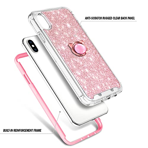 NGB Supremacy Compatible with iPhone X/iPhone Xs Case with [Built-in Screen Protector] Ring Holder/Wrist Strap, Full Body Protection, Slim Fit Shockproof Bumper Durable Cover Case (Glitter Rose Gold)