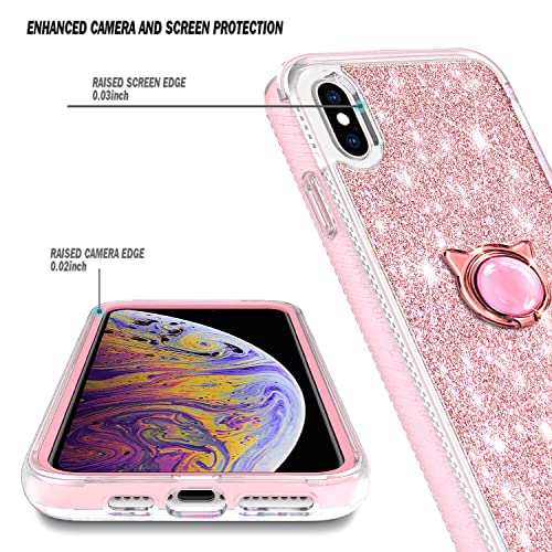 NGB Supremacy Compatible with iPhone X/iPhone Xs Case with [Built-in Screen Protector] Ring Holder/Wrist Strap, Full Body Protection, Slim Fit Shockproof Bumper Durable Cover Case (Glitter Rose Gold)