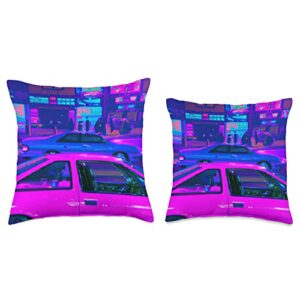 Synthwave Car Art Vaporwave Aesthetic Car Synthwave City Vaporwave Aesthetic Throw Pillow, 18x18, Multicolor