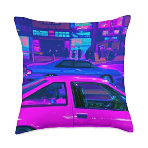 synthwave car art vaporwave aesthetic car synthwave city vaporwave aesthetic throw pillow, 18x18, multicolor