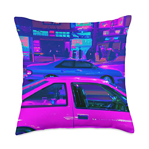 Synthwave Car Art Vaporwave Aesthetic Car Synthwave City Vaporwave Aesthetic Throw Pillow, 18x18, Multicolor