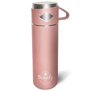bonify stainless steel thermo vacuum insulated flask bottle with cup-700 ml / 23.7 oz- hot and cold drinks - water, coffee, tea - for office, school, travel, outdoor activities, sports (pink)