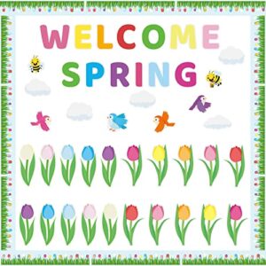 115pcs back to school tulip flowers bulletin board cutouts classroom decoration, welcome back to school flowers bees birds name tags cut outs teacher student diy crafts classroom blackboard wall decor