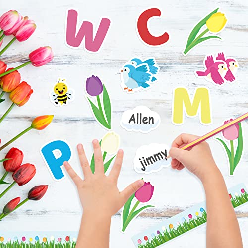 115Pcs Back to School Tulip Flowers Bulletin Board Cutouts Classroom Decoration, Welcome Back to School Flowers Bees Birds Name tags Cut Outs Teacher Student Diy Crafts Classroom Blackboard Wall Decor