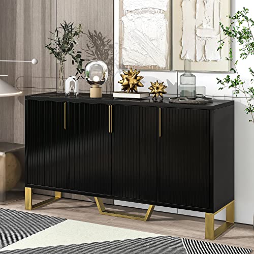 CKLMMC Modern Sideboard, Luxury Style Buffet Cabinet with Metal Handles & Legs and Adjustable Shelves,Particle Board & MDF Console Table for Living Room,Dining Room (Black& MDF*M)