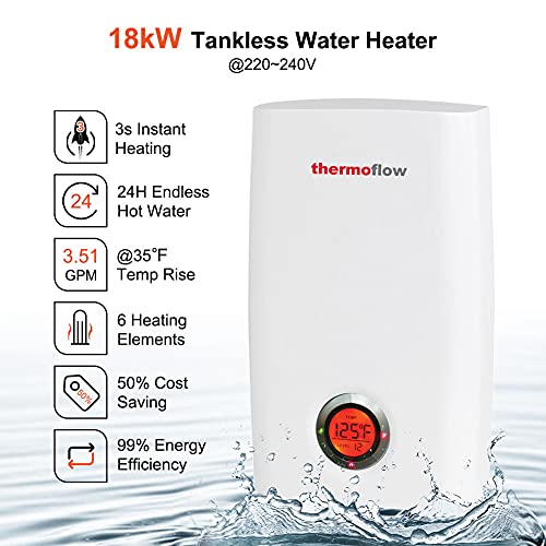 Thermoflow Tankless Water Heater Electric, 24kW at 240 Volts on Demand Instant Endless Hot Water Heater with Self Modulating Temperature Technology for Whole House Shower, CSA Listed