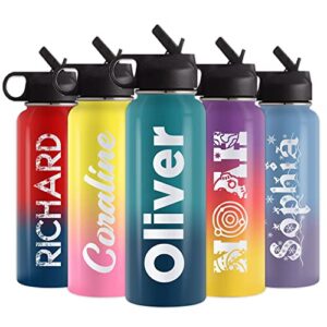 personalized insulated water bottles for kids, 18oz/32oz custom name stainless steel insulated water bottle with straw lid & handle, customized gifts for boys girls sports water bottle school-soild