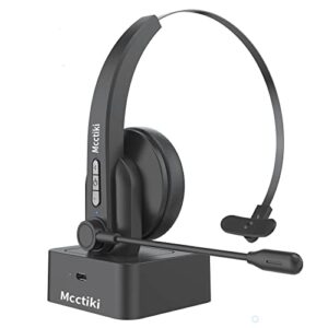 mcctiki bluetooth headset, wireless headset with microphone noise cancelling and mic mute, bluetooth headphones with charging base for trucker