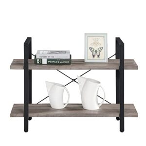 OUllUO Bookshelf, 2 Tier Industrial Book Shelf, Grey Wood and Metal Bookcase and Bookshelves, Low Bookshelf for Bedroom, Small Storage Shelf for Living Room, Office and Kitchen, Rustic Grey,228-21G