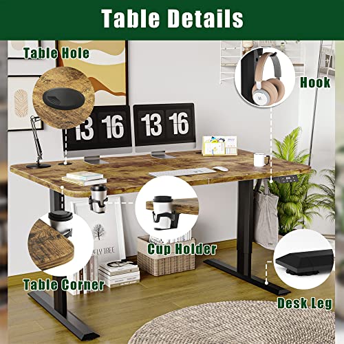 YESHOMY Electric Standing Desk Height Adjustable Table Ergonomic Home Office Workstation with Cup Holder and Headphone Hook, 55", Rustic Brown