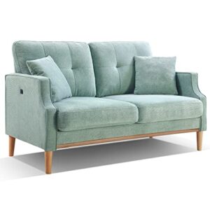 plococo 56.7" loveseat sofa couch with 2 pillows, usb charge port and solid wood frame and legs, waterproof fabric loveseats with thickness seat and back cushion for small aparment (aqua)
